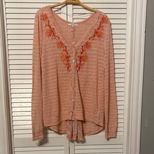 Miss Me Peach Embroidered V-Neck Button Front Women’s Top